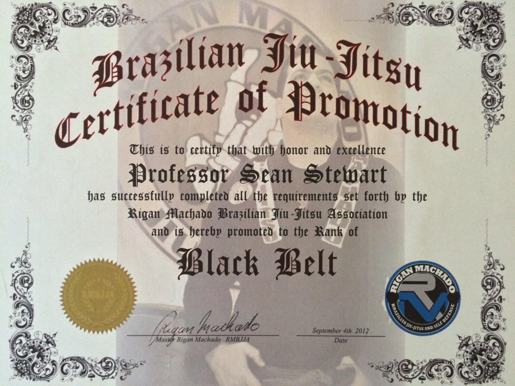 Rigan Machado Black Belt Certificate - Sean Stewart